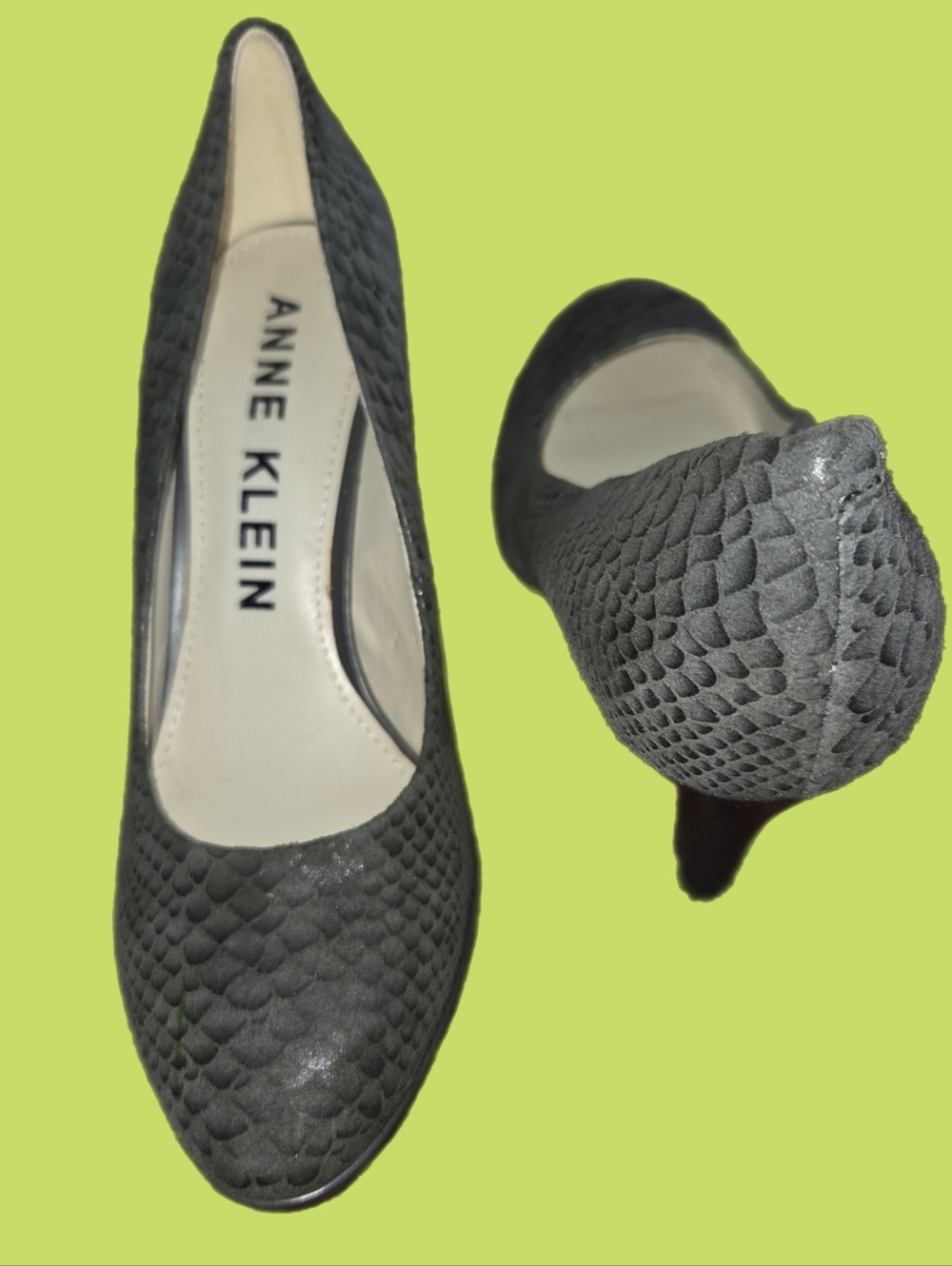 Anne Klein Lolana Gray Leather Snakeskin Print Pointed Pumps - Picture 2 of 5